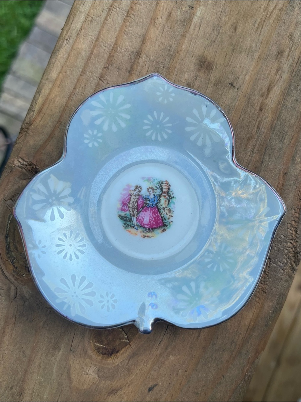 Lusterware Demitasse Saucer - Courting Couple- Leaf Shaped Star Burst Design
